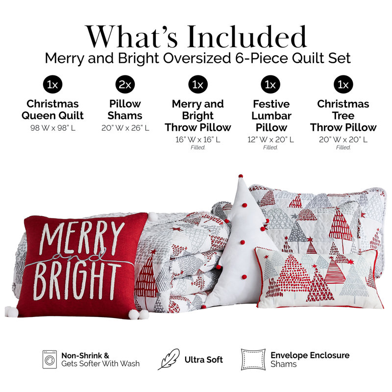 Ensemble de literie réversible Southshore Fine Linens Merry and Bright, 6 pièces, microfibre doublement brossée 100 g/m², avec 3 coussins décoratifs, grand lit/queen