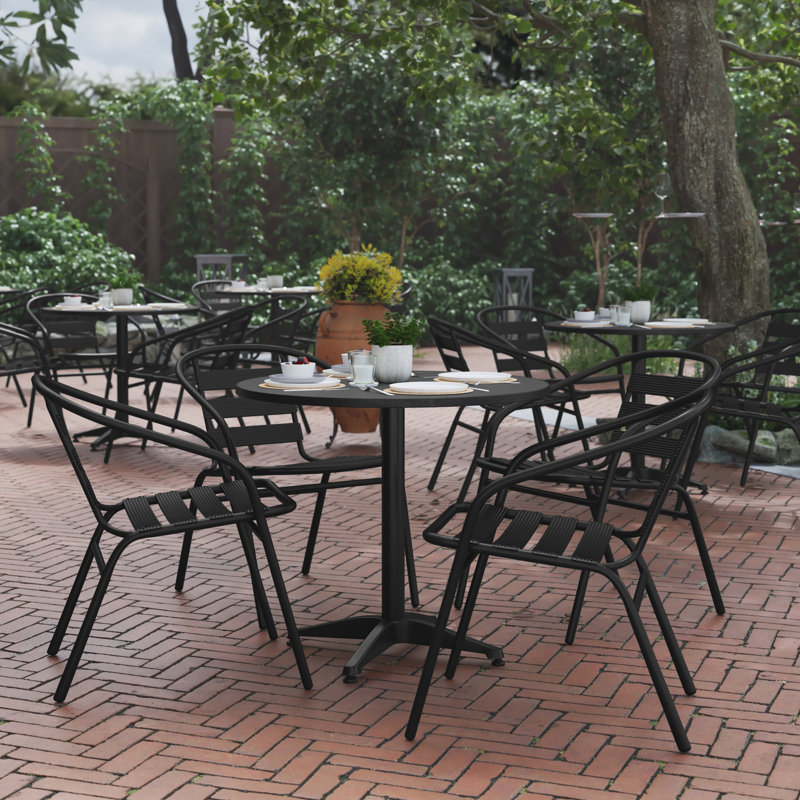 Johannette Round Aluminum Indoor-Outdoor Restaurant Dining Table Set with 4 Slat Back Chairs, 31.5" D x 31.5" W x 27.25" H