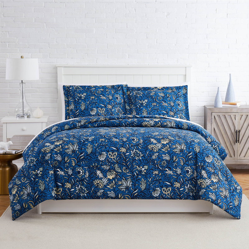 Blooming Blossoms Duvet Cover Set, Queen Duvet Cover + 2 Shams, Blue