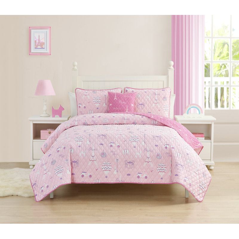 Paris Dreams Pink Reversible Cotton Full Quilt Set