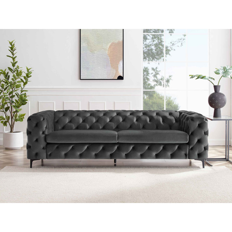 Ghaleb 237Cm Velvet Square Arms Sofa, Grey Velvet, Black