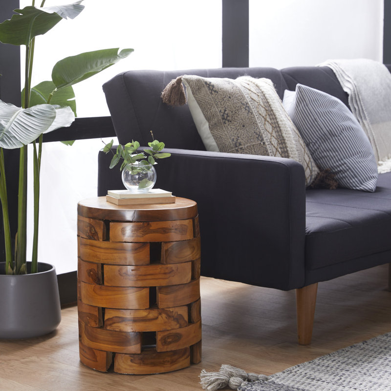 Dovray Teak Wood Handmade Live Edge Accent Table with Brick Inspired Design 14" x 14" x 18", Light Brown