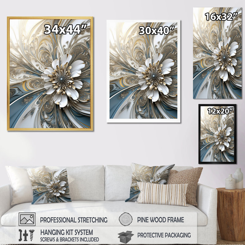 «Blossoming Fractal Flower» en blanc et bleu - reproduction sur toile, H 20 po x l 12 po x P 1 po, Cadre simple blanc