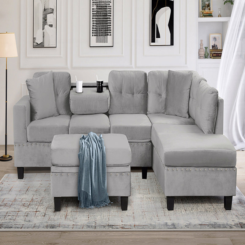 Canapé modulaire Basic, canapé moderne de 105 po avec repose-pieds avec rangement, canapé en L avec 2 coussins décoratifs et porte-gobelets, canapé avec méridienne réversible
