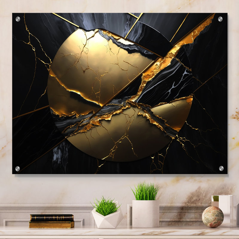 Abstract Geode Gold III - Art mural abstrait en marbre acrylique pour le salon, H 12 po x l 20 po