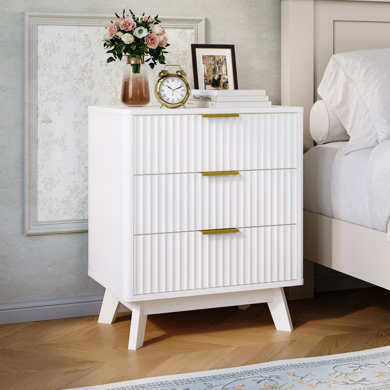 3-Drawer Fluted Wood Nightstand, Spacious Storage Bedside End Table with Metal Handles for Bedroom and Living Room, White