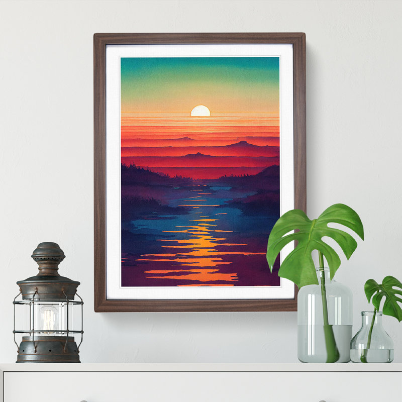 Sunset over Mountains - Wall Art, 36cm H x 27cm W x 2cm D, Walnut Framed Paper, White