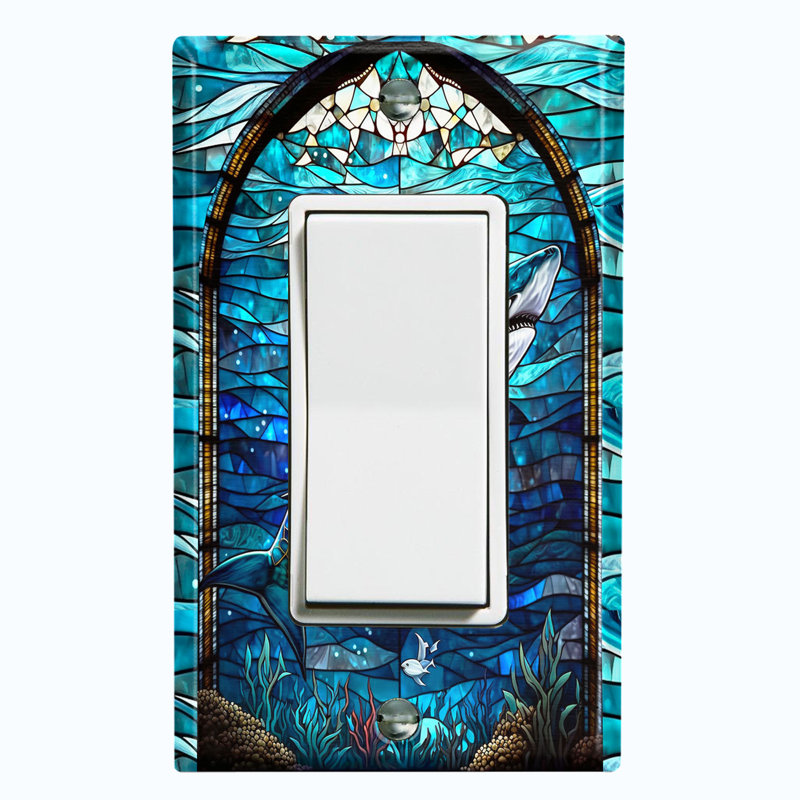 White Shark Blue Glass Art Print Copper Rust Patina Teal Print 1 - Gang Toggle Light Switch Standard Wall Plate