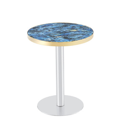 23.6" Faux Marble Small Dining Table with Pedestal Base & Stainless Steel Edge Banding, High-Gloss UV Top Accent Table for 2, Kitchen Living Room Cafe.