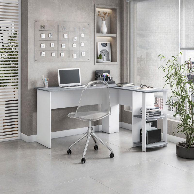 Desk,Modern L-Shaped Desk With Side Shelves, Grey