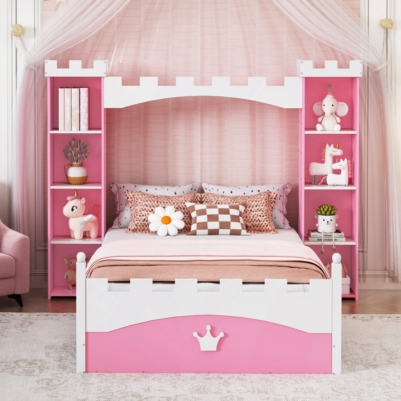Lit en bois en forme de château avec tablette de rangement, lit plateforme Dreamy, Rose/Blanc