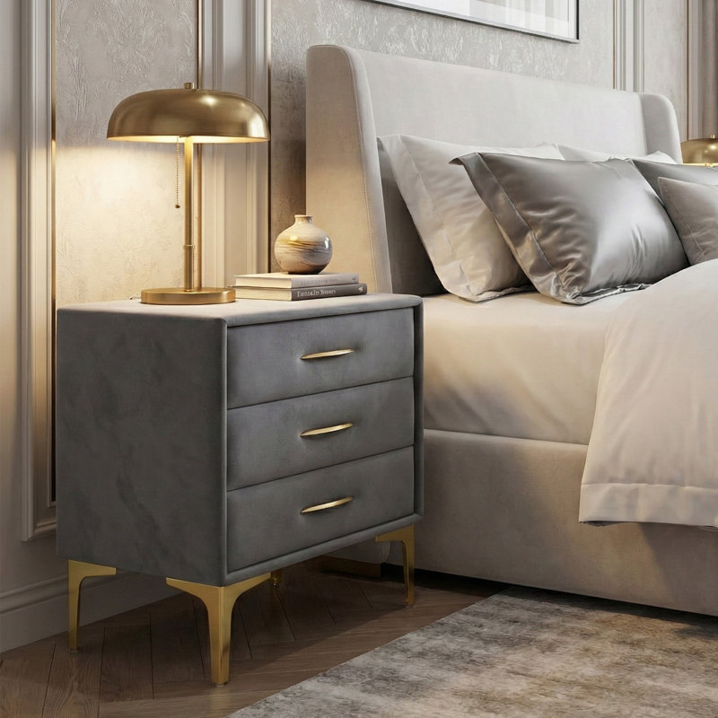 Elegant Velvet Upholstered Nightstand With Gold Legs, Gray Velvet 