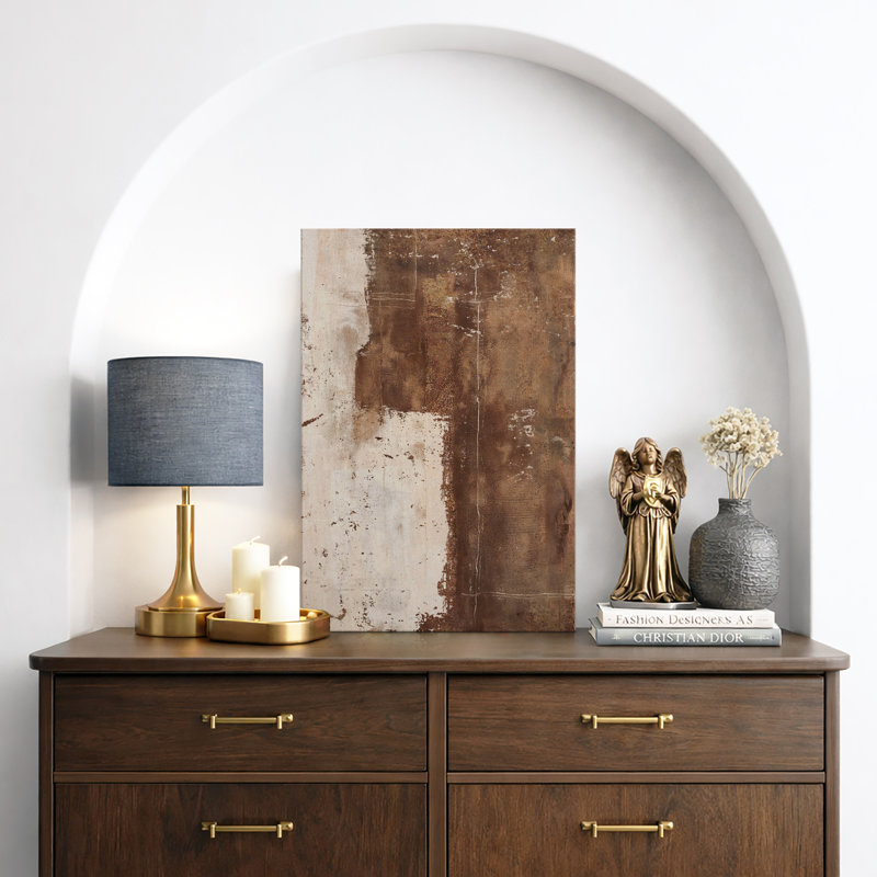 Style Mid-Century brun foncé, formes abstraites neutres, grand cadre rustique, décor minimaliste M20, Toile tendue, No Frame