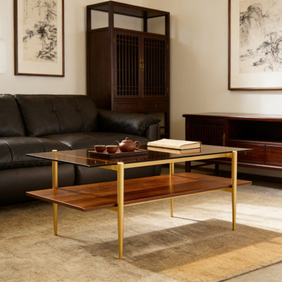 Mid-Century Modern Coffee Table With Gold Finish Legs, Amber Glass Top And Walnut Shelf, Two-Tier Design For Living Room