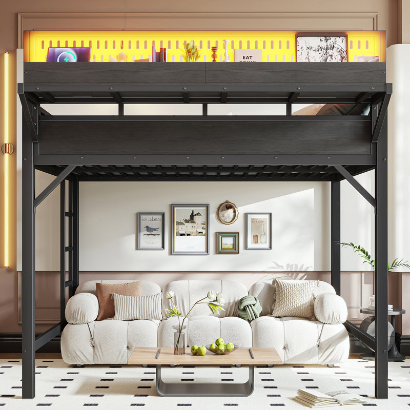 Lit mezzanine double en métal avec tablettes de rangement, ports USB et lumières DEL Elevate, Full, Black