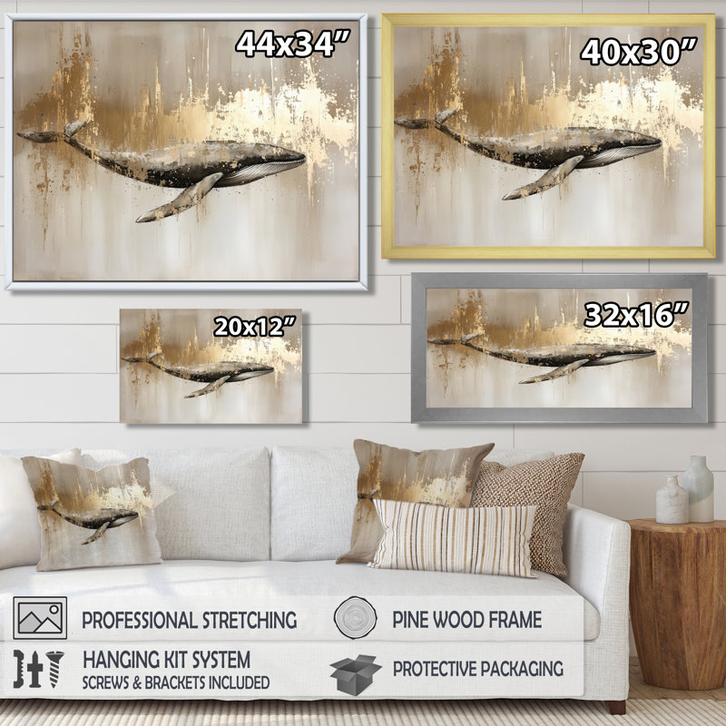 Aquarelle de baleines, Glam Horizon - baleine, art mural, H 12 po x l 20 po, Blanc