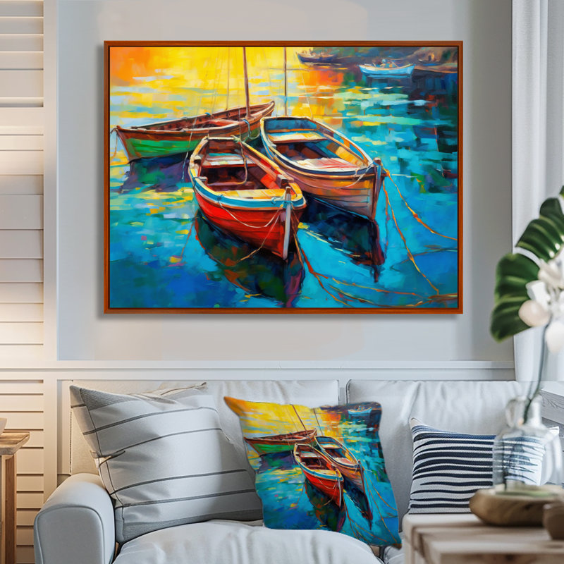 Trois bateaux dans le port I - impression sur toile Coastal Port, H 16 po x l 32 po x P 1 po, Cadre flottant brun