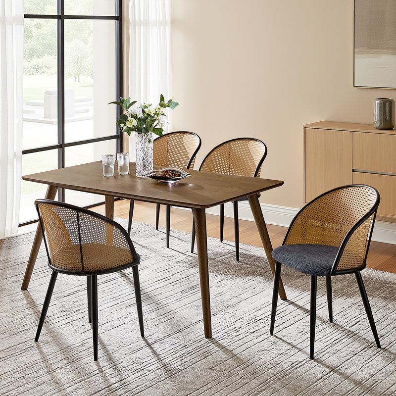 Anita Mid-Century Modern Dinning Chair with Rattan Hollow Backrest, 4, Black