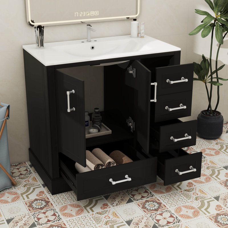 Meuble-lavabo traditionnel 36 po avec lavabo en céramique, armoire de salle de bain avec deux portes à fermeture douce et quatre tiroirs