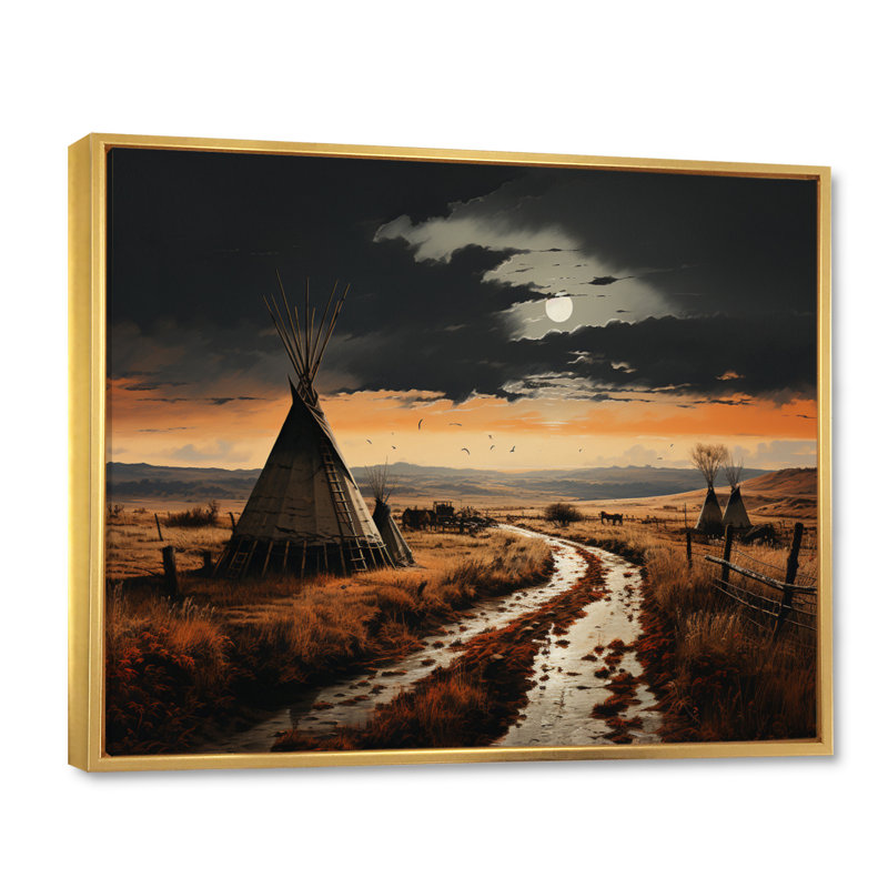 Native Tipi Legacy Of The Plains II - Native American Wall Art Living Room, Cadre flottant doré, H 34 po x l 44 po x P 1,5 po
