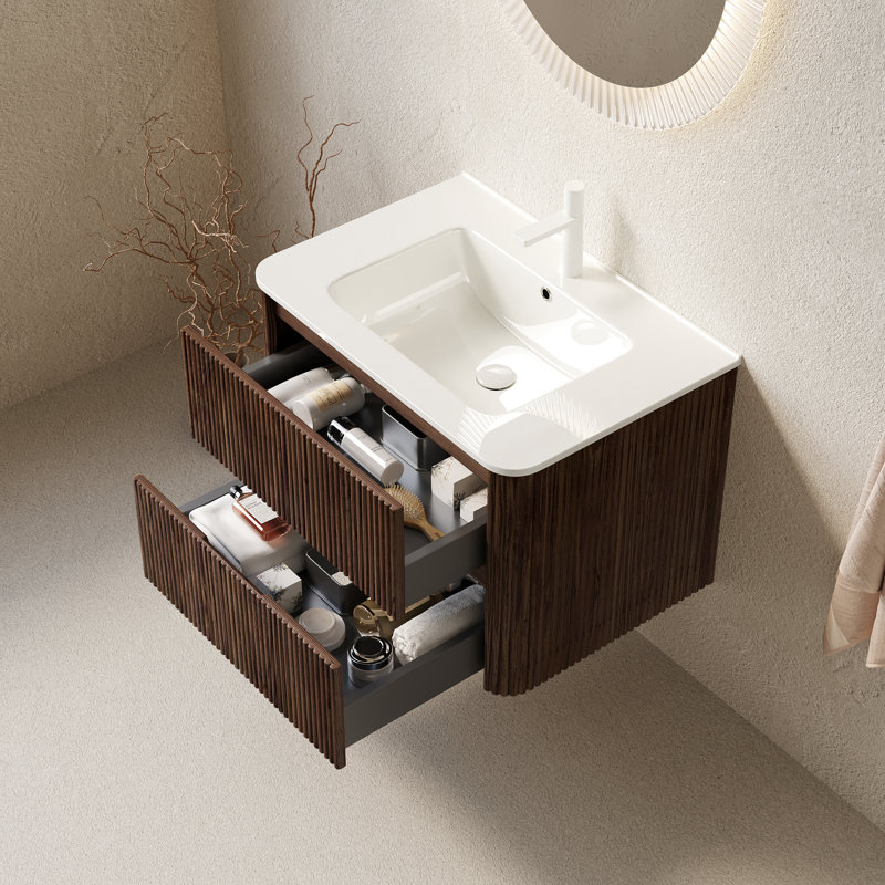 Meuble-lavabo moderne et peu encombrant avec lavabo en céramique, finition rétro noyer
