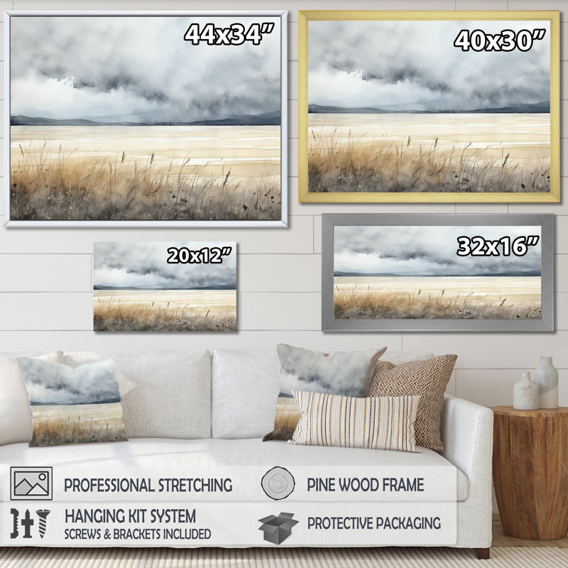 Beige tempête charme II sur toile, Cadre flottant doré, H 16 po x l 32 po x P 1 po