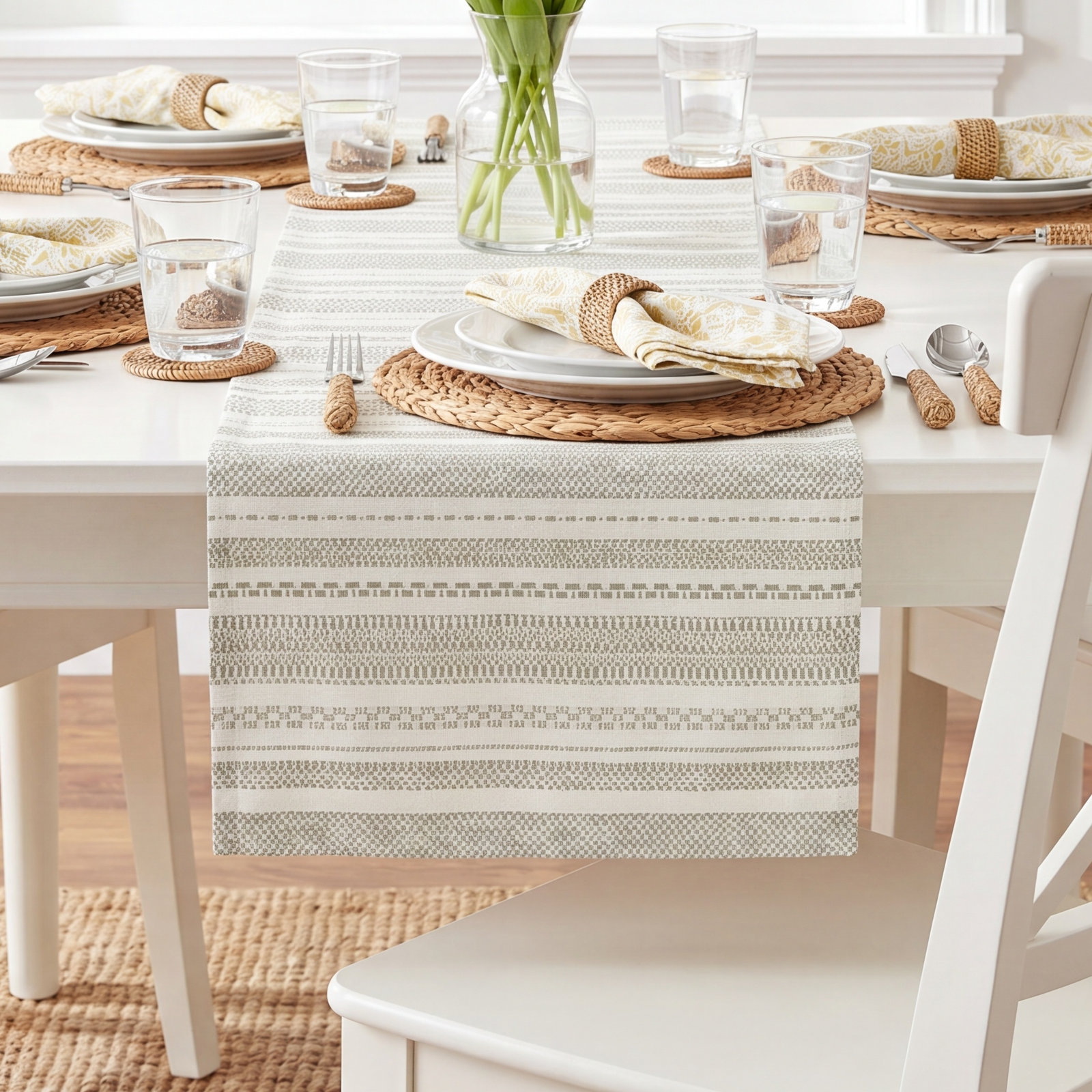 over&back Reversible Striped 90" Table Runner, White/Green