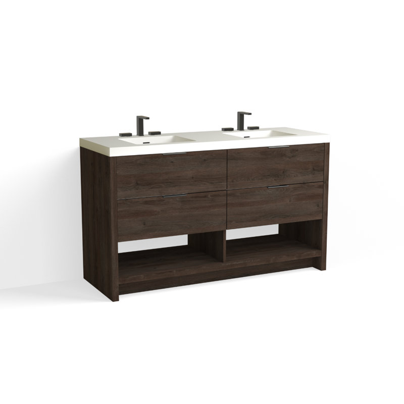 Vue 60" W Freestanding Double Bathroom Vanity, Glossy White/8" Widespread, Matte Black, White Nanomatte