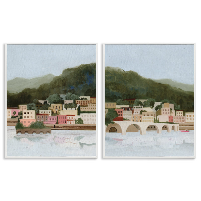 Ensemble de 2 giclées encadrées Mountain Town by Sea, design par Grace Popp, H 20 po x l 16 po
