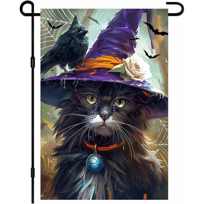 Drapeau de jardin Halloween Sorcière Chat Corbeau 30 x 45 cm Double face