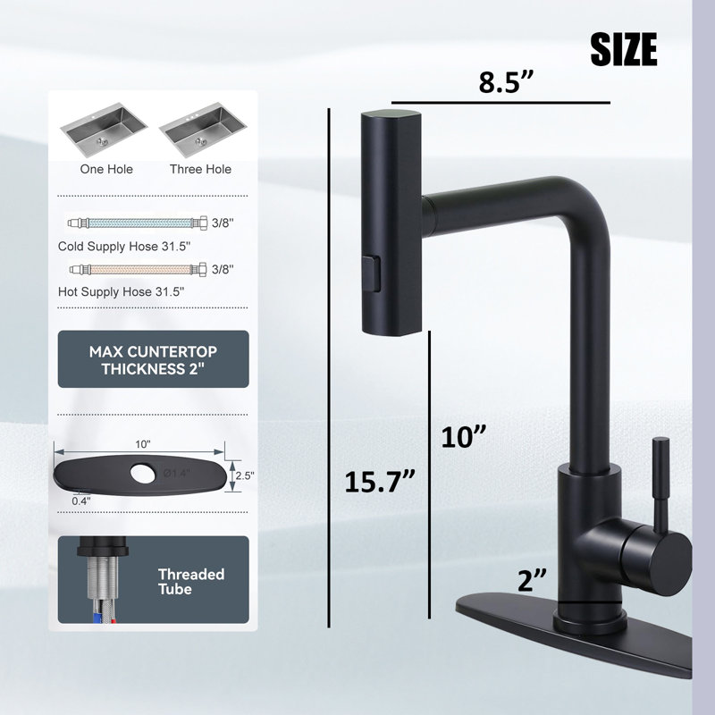 Pull-Down Spray Kitchen Faucet, Waterfall Kitchen Faucet, 3 Modes (Waterfall/Stream/Spray), Deck-Mounted Kitchen Faucet