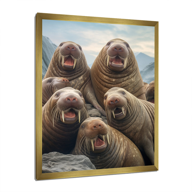 " Walrus Familly Portrait ", 44" H x 34" W x 1.5" D, Gold Single Picture Framed