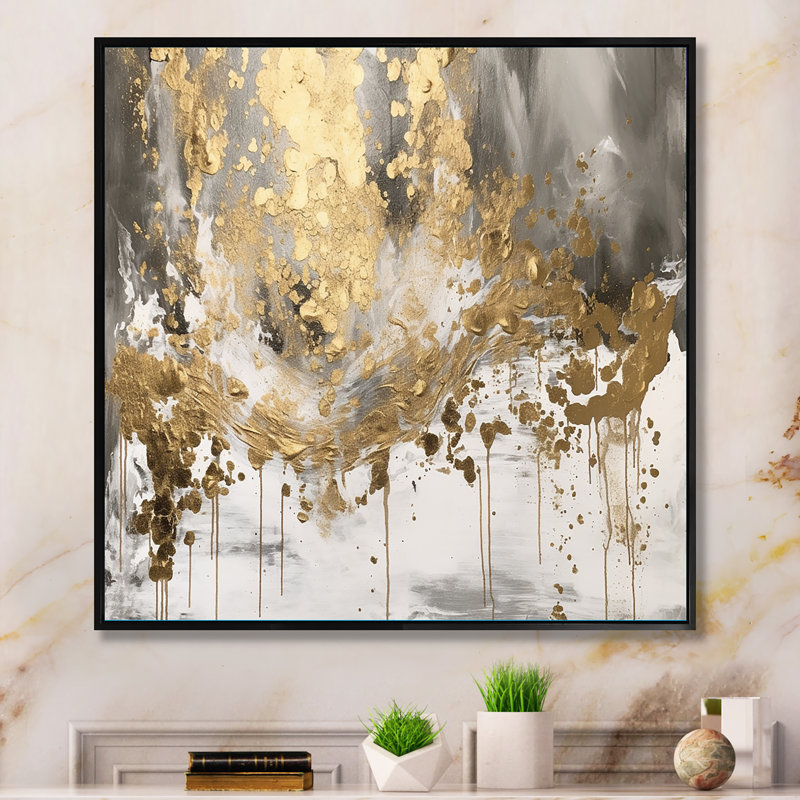Goutte dorée moderne - art mural abstrait, H 30 po x l 30 po, Reproduction avec cadre flottant, Noir
