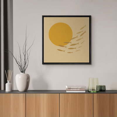 Soleil et poisson nageur, reproduction d'art sur toile, œuvre d'inspiration océanique minimaliste pour espaces côtiers et modernes