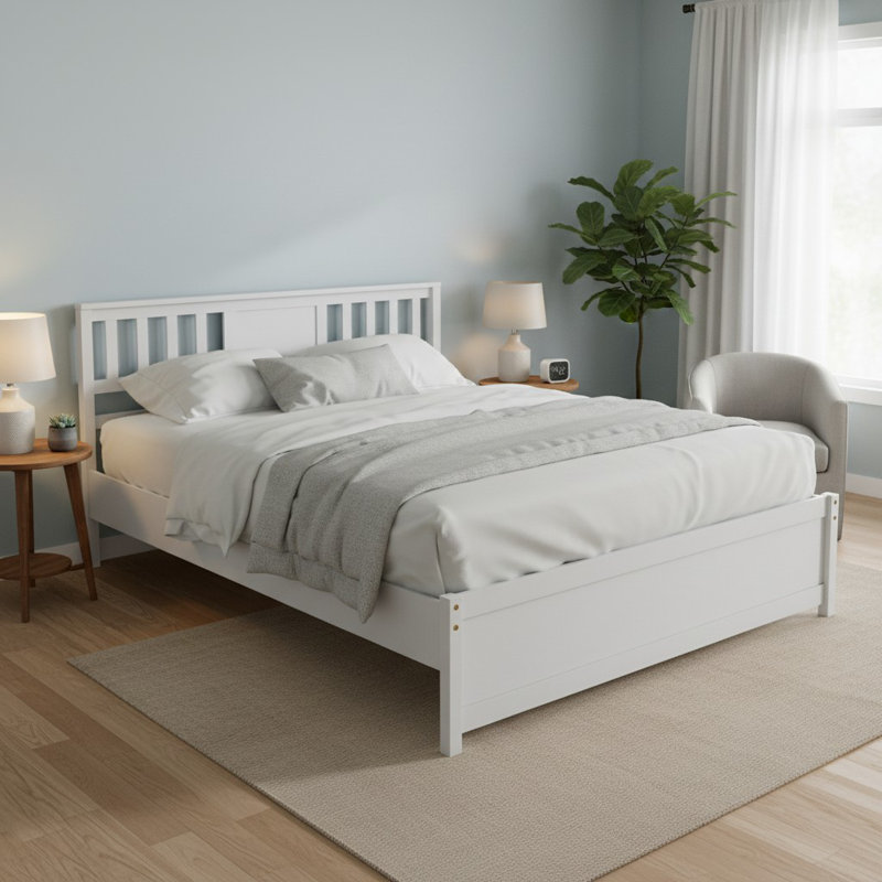 Queen Size Mid-Century Pine Solid Wood Platform Bed Frame with Headboard Slat Support, White, Queen