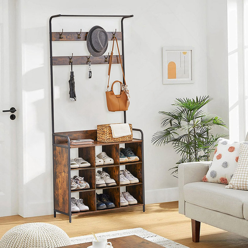 Portemanteau, portemanteau avec porte-chaussures pour le vestibule, portemanteau 3-en-1 et support de rangement, avec 7 crochets, une tringle à vêtements