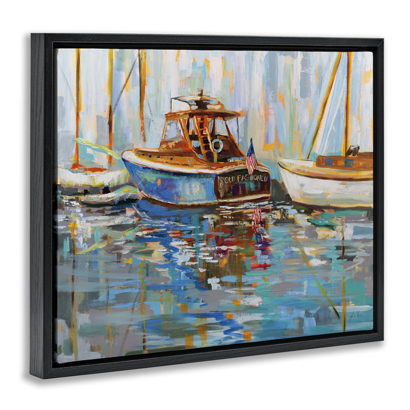 «Old Fashioned Boat Harbor», art mural encadré par Jeanette Vertentes, H 25 po x l 31 po, Cadre flottant noir de jais