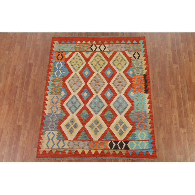 Geometric Kilim Reversible Wool Area Rug 5x6