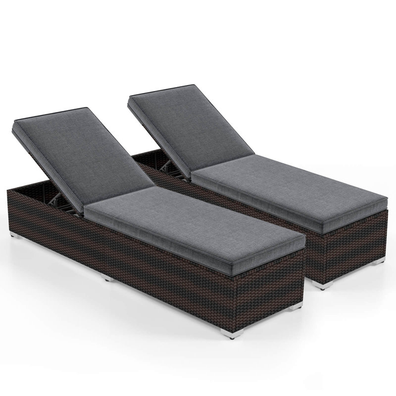 2 Pcs Chaise Lounge With 4-level Backrest Heavy-duty Metal Frame Seat Cushion Grey