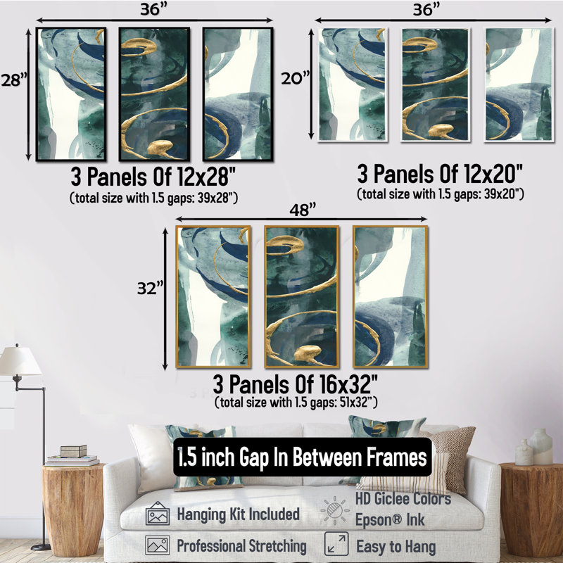 Mettalic indigo et or II - ensemble d'art mural sur toile encadré chic et luxueux 3, H 28 po x l 36 po x P 1 po, Brun