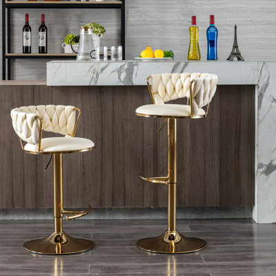 De 2 tabourets de bar, de couleur crème, avec repose-pieds et base, réglables en hauteur par levage mécanique, velours + pieds dorés, 2 tabourets, crème, réglables en hauteur, pieds, tissu, rembourrage en mousse, 19,03 po