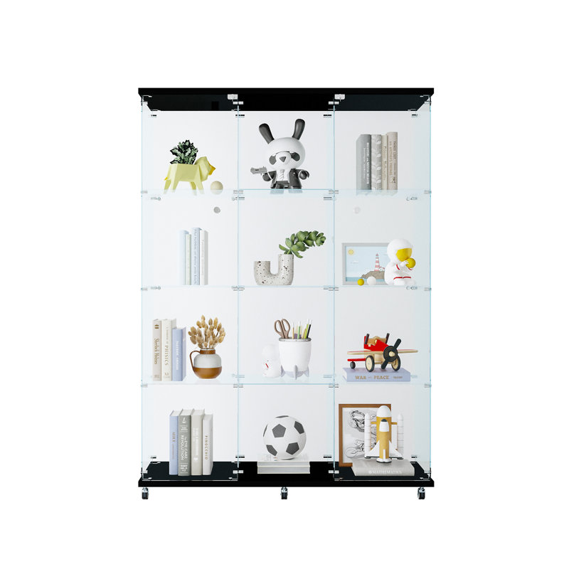 Vitrine à 3 portes avec 4 tablettes en verre, Noir