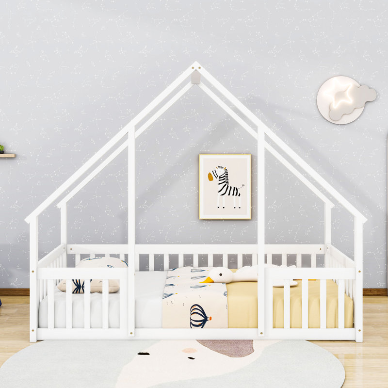 Wood Floor Bed With Safety Guardrails, House-Shaped Design, Twin, White