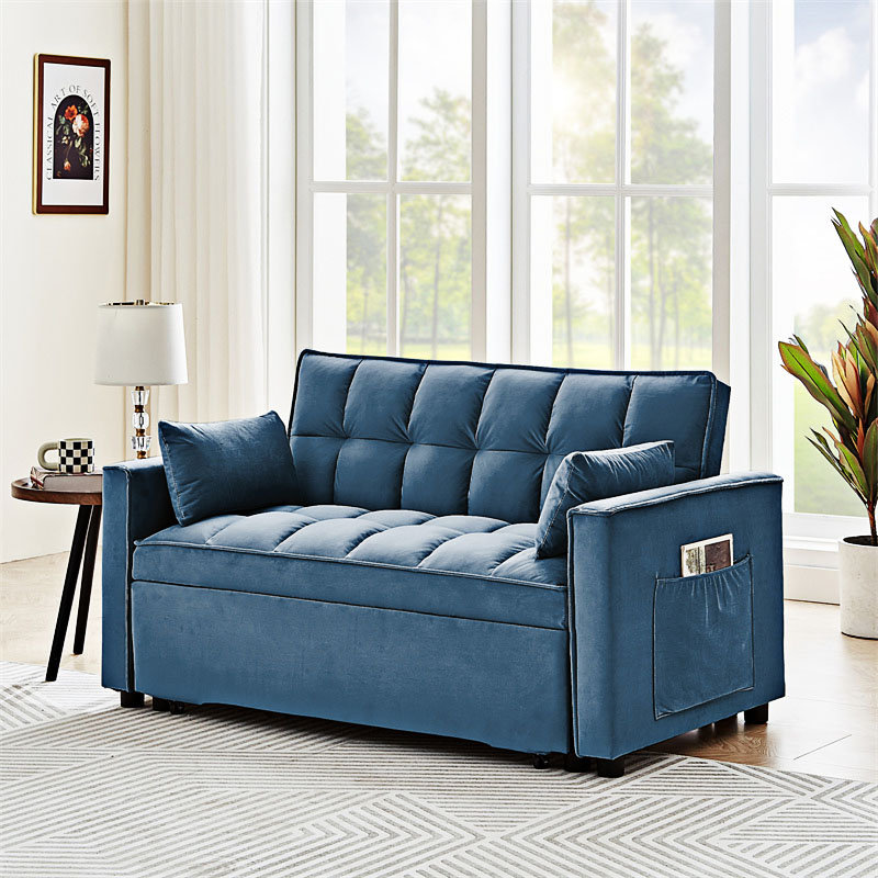 Canapé à accoudoirs carrés en velours de 55,2 po Dereth, Velours bleu paon