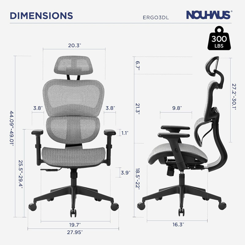 Nouhaus Ergo3dL Chaises de bureau à domicile Chaise de bureau ergonomique à haut dossier avec roulettes et roulettes, Gris