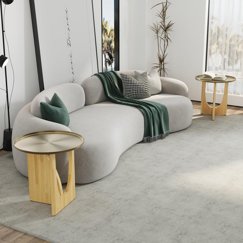 Ensemble de 2 tables de bout rondes avec plateau en or brossé et base en bois massif, Jaune