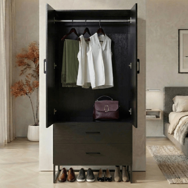 Grande armoire moderne en bois avec base en métal, Noir, noir, noir, noir