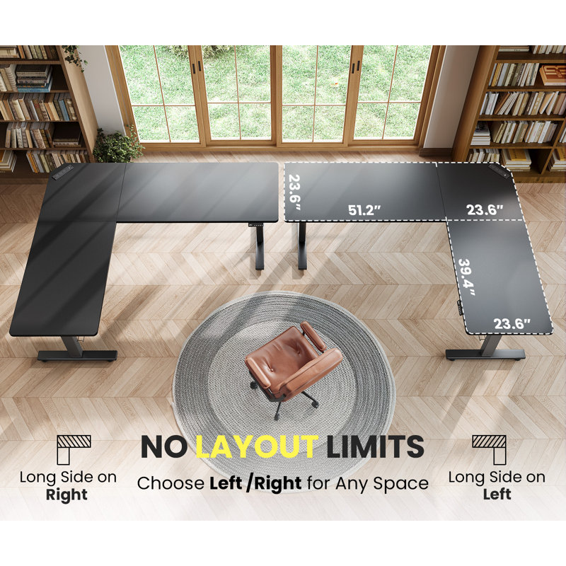 Bureau debout en L - Bureau électrique à hauteur réglable avec contrôleur de mémoire, H 45,7 po x l 74,8 po x P 63 po, Noir