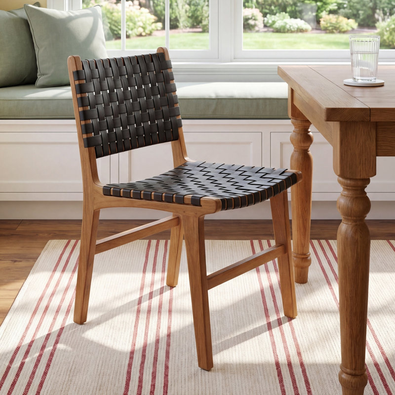 Valeria Leather Side Chair, Black Leather, Natural Wood Frame