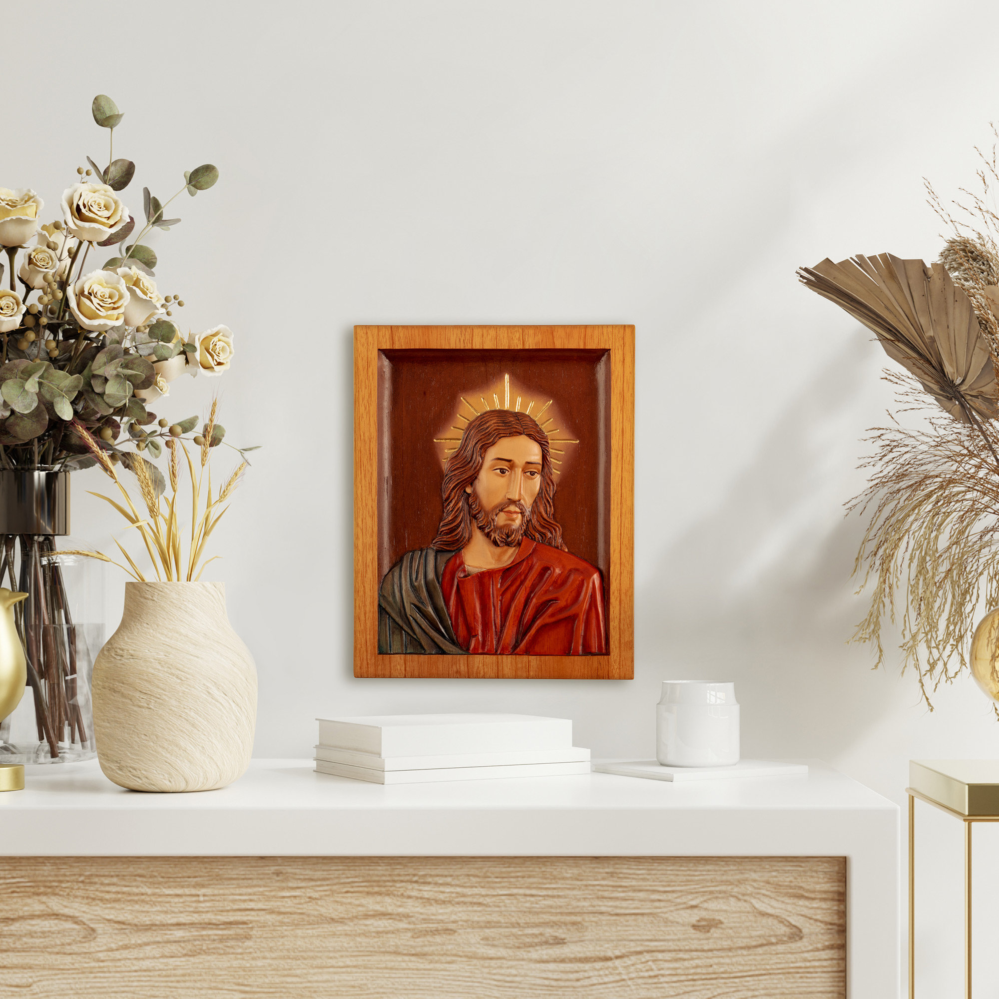 Astoria Grand Portrait of Christ Religious Cedar Wood Relief Panel of